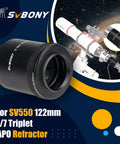 Field Flattener 0.8x Focal Reducer For SV550 122mm APO Refractor Telescope shown with lens details and telescope preview.