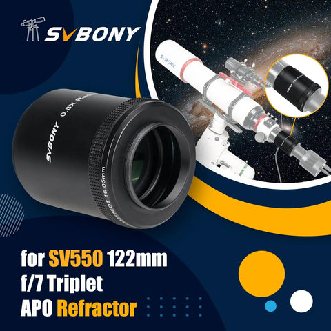 Field Flattener 0.8x Focal Reducer For SV550 122mm APO Refractor Telescope shown with lens details and telescope preview.
