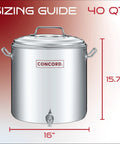 Heavy Duty Stainless Steel Insulated Double Wall Stock Pot 40 quart sizing guide with dimensions and spigot detail.