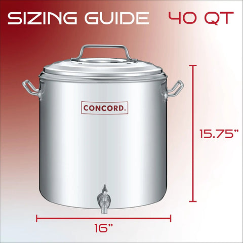 Heavy Duty Stainless Steel Insulated Double Wall Stock Pot 40 quart sizing guide with dimensions and spigot detail.
