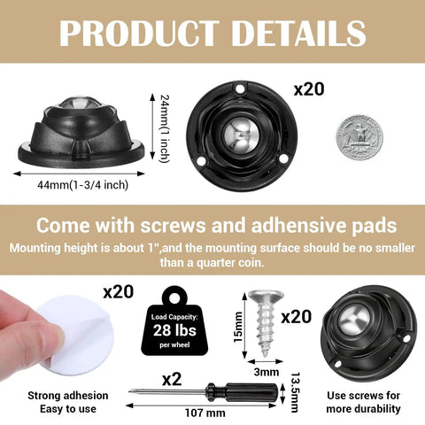 Hella Durable Self Adhesive Caster Wheels One Inch Swivel Plates with mounting details, screws, and adhesive pads.