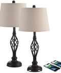 Vintage Table Lamps Set Of 2 With Dual USB Charging Ports, Farmhouse Nightstand Lights, Spiral Cage Base, Beige Shades, Phones Charging