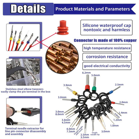Pro Grade Automotive Wire Crimp Pins Kit With 1.0 To 3.5mm Male And Female Terminals Seals Removal Tool 950 Piece Case Box Heavy Duty Crimp Tools Set For Car Truck Motorcycle ATV detailing materials and parameters including silicone waterproof caps and copper connectors.