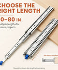 80 Inch Heavy Duty Locking Drawer Slides For Mobile Storage, side-mount steel slides with blue levers shown in two lengths
