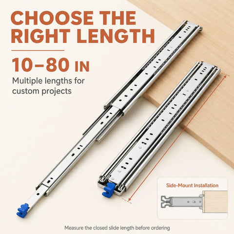80 Inch Heavy Duty Locking Drawer Slides For Mobile Storage, side-mount steel slides with blue levers shown in two lengths