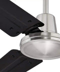 Close-up of 56 Inch Indoor Ceiling Fan With Three Blades For Industrial And Home Use, Black Steel Blades, Brushed Nickel Finish