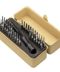 Open case showing Torx Bit Set 77-Piece With 2 In 1 Ratchet Magnetic Bit Holder and various bits in foam insert