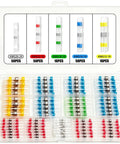 Solder Seal Heat Shrink Wire Connectors 182 Pieces Assorted Kit In Five Colors Covers AWG 12 To 26 displayed in a storage case.