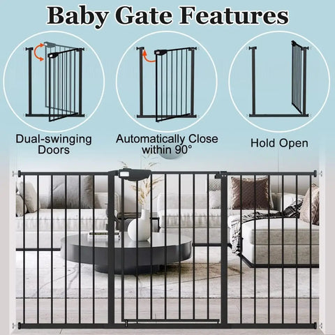 Triple Lock Baby Gate, Extra Wide 44.5 To 48 Inch, Pressure Mounted Walk-Through Swing Auto-Close Safety Gate for Stairs