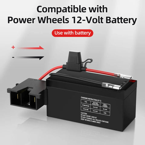Replacement Wire Harness Connector For 12V Power Wheels Battery With 12 AWG Wire And Three Replaceable Fuses shown with battery