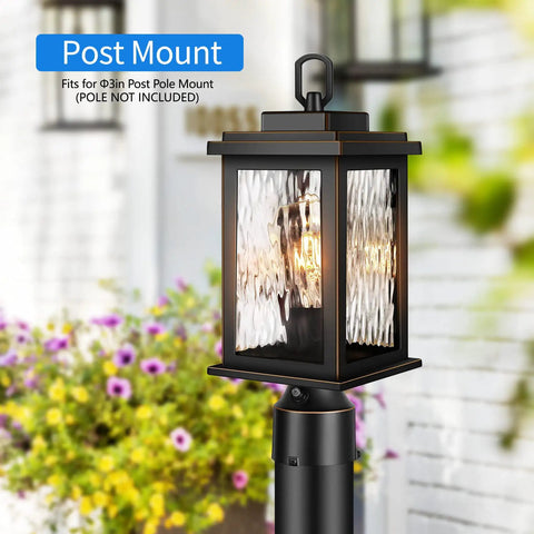 Sweet Outdoor Dusk To Dawn Post Light With Pier Mount Base, black aluminum exterior lantern and tempered glass, 120V, E26 socket.