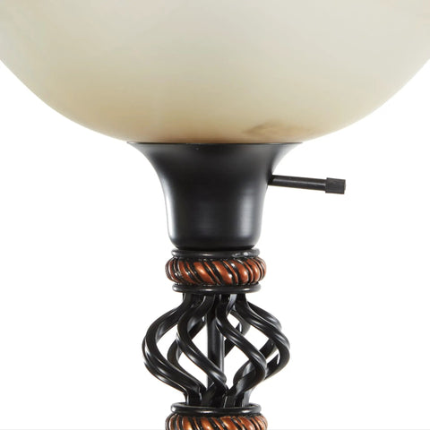 Close-up of Antique Style Torchiere Floor Lamp in Black Finish with glass accents, iron detailing, sleek and dope look.