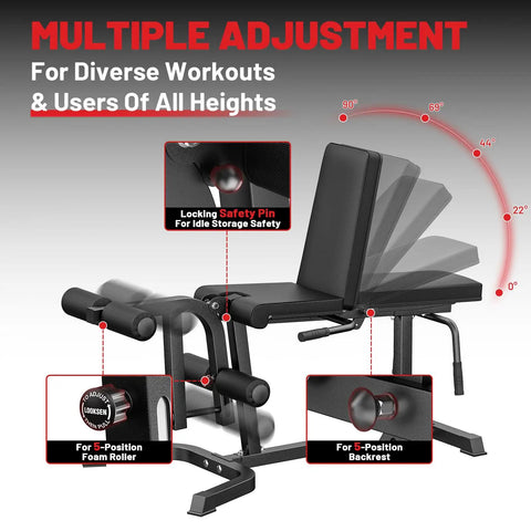 2 In 1 Leg Extension And Curl Machine For Home Gym, adjustable backrest and foam roller with locking safety pin