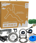 Backyard Zip Line Kit 200 Ft For Kids And Adults With 350 Lb Capacity showing box, cables, ratchet, and accessories