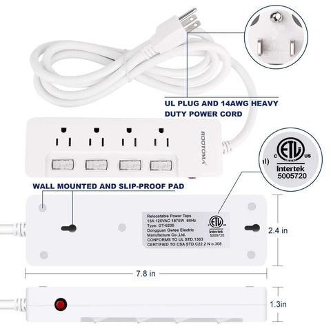 Beefy 6 Foot Heavy Duty Extension Cord With Four Independent Switches For High Wattage Appliances 14 Gauge Surge Protector