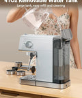 Kick The Coffee Shop Commute With This Slick Compact Espresso Brewer, Boasting A Snappy Touchscreen, Integrated Milk Frother, 20 Bar Pump Pressure, 41 Oz Tank, And Premium Brushed Steel Build: 41oz removable water tank being filled.