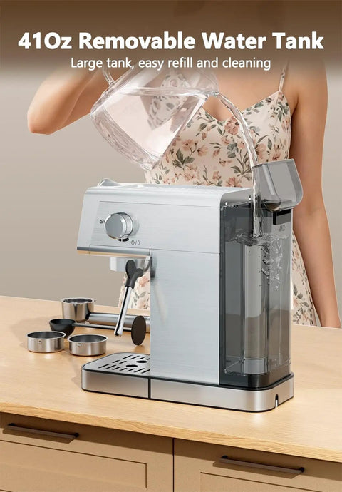 Kick The Coffee Shop Commute With This Slick Compact Espresso Brewer, Boasting A Snappy Touchscreen, Integrated Milk Frother, 20 Bar Pump Pressure, 41 Oz Tank, And Premium Brushed Steel Build: 41oz removable water tank being filled.