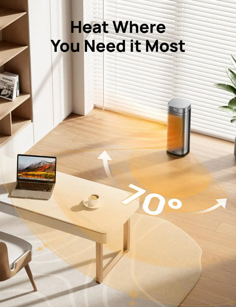 Fast Heating Indoor Space Heater with Remote Control 1500W PTC Ceramic Electric Heater in bedroom showing 70 degree oscillation