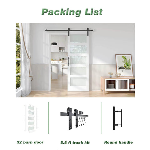 32 Inch By 84 Inch White Frosted Glass Sliding Barn Door With 66 Inch Hardware Kit And Handle PVC Surface Finish