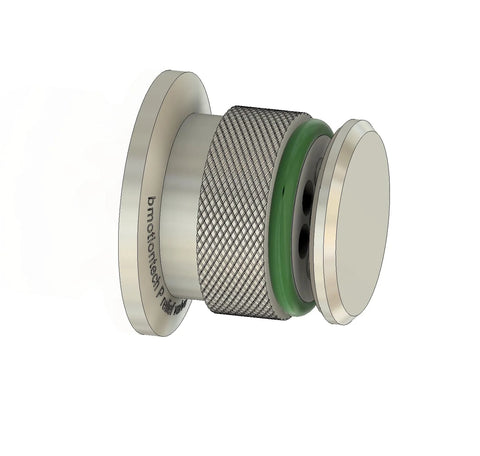 bmotiontech overpressure relief valve with KF25 flange; knurled metal body and green gasket, end caps visible
