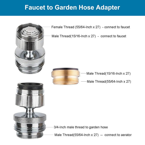Swivel Aerator Faucet Adapter Kit For Garden Hose Connect Kitchen Sink To Hose With 3/4 Inch Standard Male Thread Multi-Thread Chrome Finish No-Fuss Leak-Free Setup For Any Garden Hose, chrome brass fittings