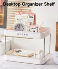 Desktop organizer shelf with clock, calendar, calculator, and stationery, featuring two-tier design with white and metal frame.