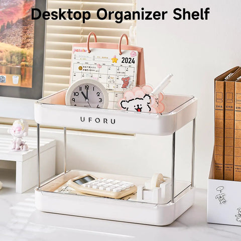Desktop organizer shelf with clock, calendar, calculator, and stationery, featuring two-tier design with white and metal frame.