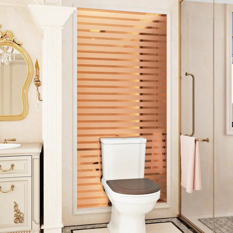 Ridiculously Sleek Rose Gold Metallic Peel And Stick Wall Panels Shimmer Stripe used as a decorative bathroom feature.