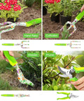 83 Piece Garden Tools Set With Dope Floral Pattern For Women, includes hand rake, cultivator, weeder, and pruner in use