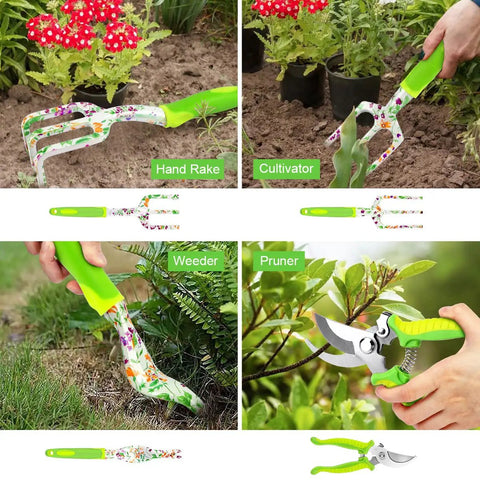 83 Piece Garden Tools Set With Dope Floral Pattern For Women, includes hand rake, cultivator, weeder, and pruner in use