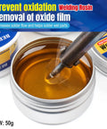 Go To Pro Grade Soldering Tip Cleaning Kit With Rosin Paste Flux tin shown in use with soldering iron dipped