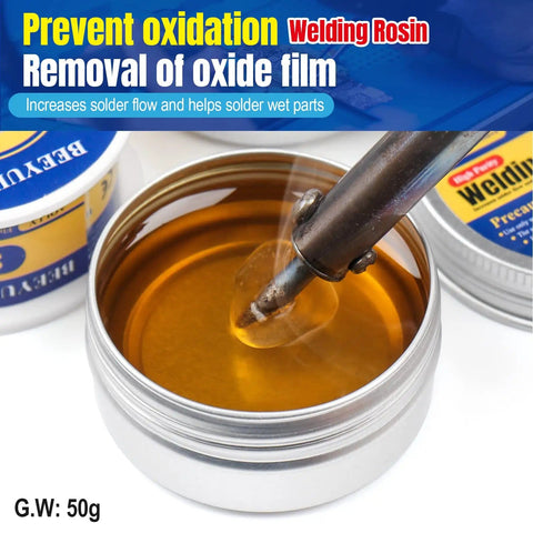 Go To Pro Grade Soldering Tip Cleaning Kit With Rosin Paste Flux tin shown in use with soldering iron dipped
