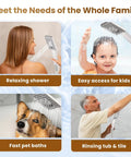 Dual Shower Head System With 8 Inch Square Rainfall Head And Handheld Spray 60 Inch Hose 3 Way Diverter Wall Mount Bracket Brushed Nickel Finish For A Dope Spa Like Bath Upgrade, used by different people and a dog
