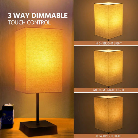 Pair Of Touch Lamps With USB Port And Outlet, 3 Way Dimmable Bedside Lamps showing different brightness levels, LED Bulbs Included