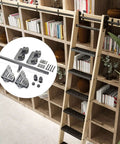 Wooden library ladder with Must Have Sliding Barn Door Kit With Rolling Ladder Hardware next to bookshelves.