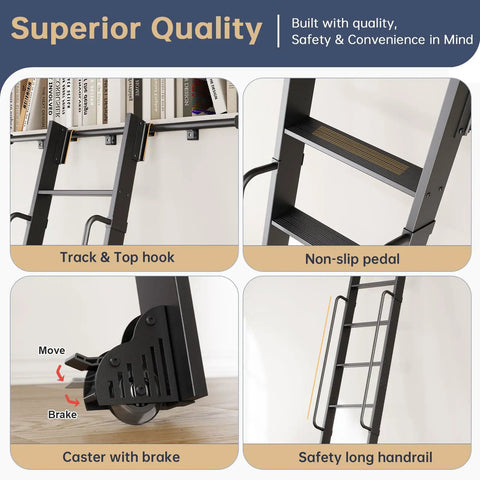 Heavy Duty 9ft Aluminum Rolling Library Ladder With 4ft Sliding Track Kit, 8 Steps With Handrail, Telescopic Hook Track And Brake Wheel, 450lbs Capacity, Black, Easy Assembly For Loft Bookshelf Attic Home Shop showing track, non-slip steps, brake wheel, handrail