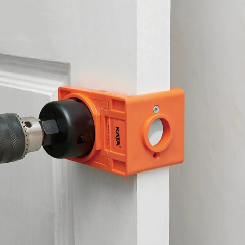 Pro Grade Door Lock Installation Kit With Adjustable Guide Template and Heavy Duty Hole Saws in use on a white door.