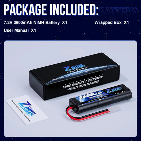 7.2V NiMH 3600mAh RC Battery with Tamiya Connector for RC Cars and Trucks, shown with packaging and user manual.