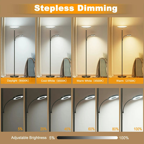 Upgraded 42W 4000LM LED Floor Lamp With Remote And Touch Dimming demonstrating various color temperatures and brightness levels