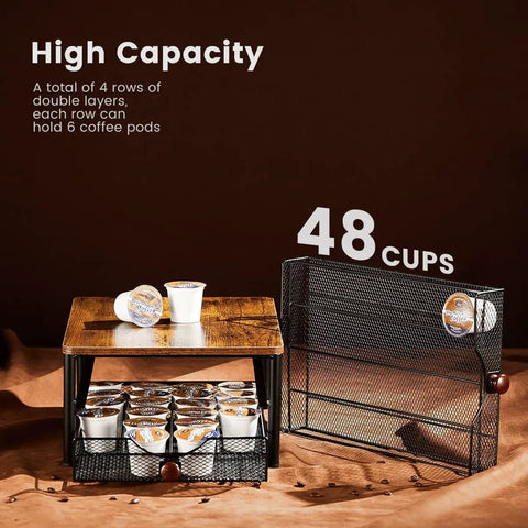 K Cup Holder and Coffee Pod Storage Rack with 2 Layer Drawer, Wood Top and Iron Frame, 48 Capsule Capacity on display