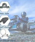 Beefed-Up Rear Axle Kit For Go Karts And ATVs 44 Inch Assembly with parts including chain and caliper, shown with go-kart.