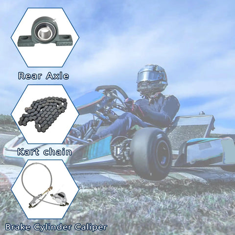 Beefed-Up Rear Axle Kit For Go Karts And ATVs 44 Inch Assembly with parts including chain and caliper, shown with go-kart.