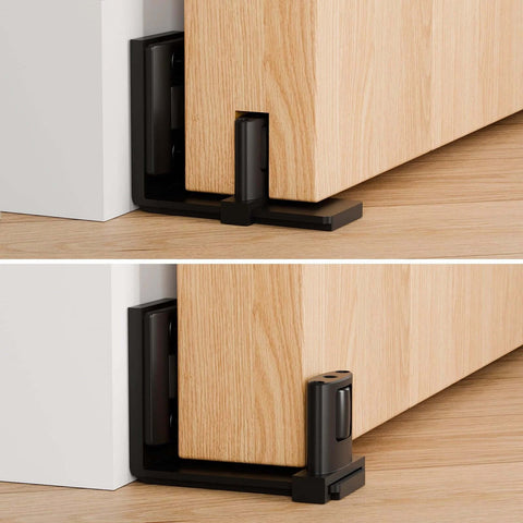 Sliding Barn Door Floor Guide With Adjustable Roller, U-Shape Flexible Flush Design, Wall Mounted Black, for wood doors
