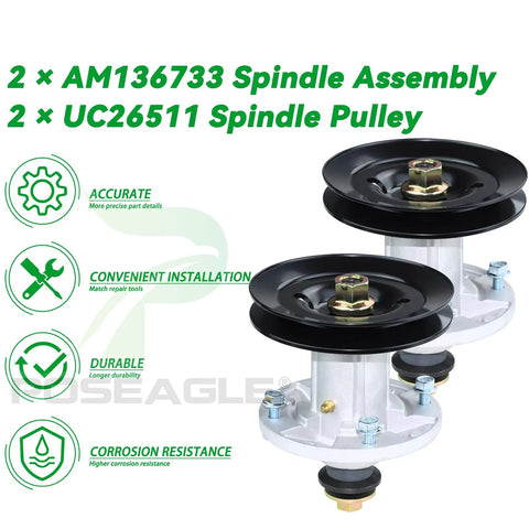 2 Pack Spindle Assembly With UC26511 Pulley Replacement For John Deere Z225 X300 X304 Lawn Tractors AM136733