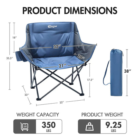 Heavy Duty Portable Camping Chair With 350 Lb Capacity, Extra Wide 1.6 Inch Padded Ergonomic Seat, Pinch Free Frame dimensions