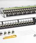 24 Port 1U Shielded Cat7 Patch Panel With 10G Inline Coupler, 19 Inch Rackmount Or Wall Mount, Rear Support Bar, EMI Shielded