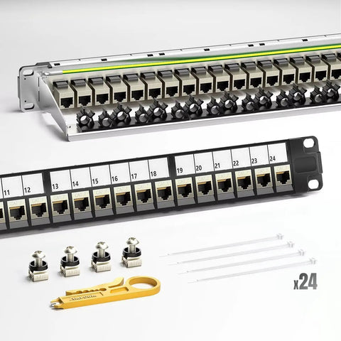 24 Port 1U Shielded Cat7 Patch Panel With 10G Inline Coupler, 19 Inch Rackmount Or Wall Mount, Rear Support Bar, EMI Shielded