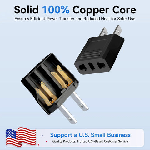 Black EU to US Travel Plug Adapter 2 Pack showing copper core for Type C/E/F plugs