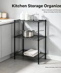 Heavy Duty 3 Tier Wire Shelving Rack, Adjustable Freestanding Storage Organizer, kitchen storage with pots and towels.