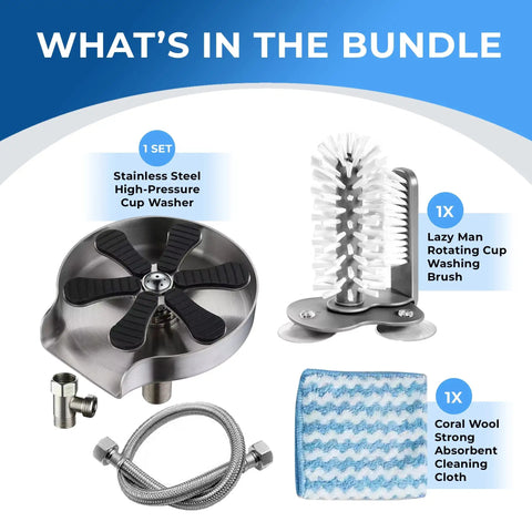 Bundle with Glass Rinser For Kitchen Sink Stainless Steel Cup Washer including accessories and cleaning tools as pictured